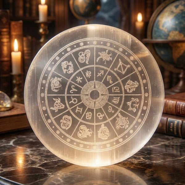 Selenite Crystal Recharging Plate with Zodiac Sign Spiritual Tool