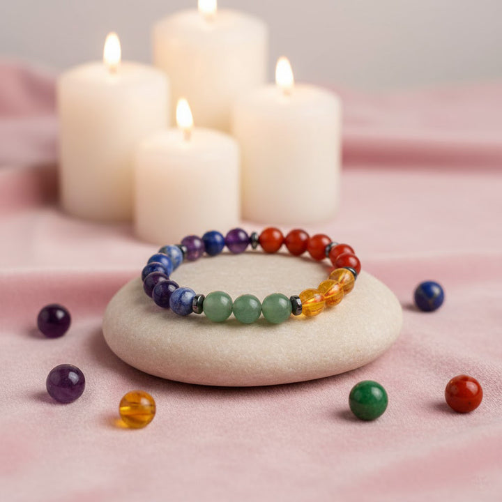 Stretchable 7 chakra healing stone bracelet with 8mm multicolor beads. India’s Largest Pooja Accessories Brand - www.satvikstore.in