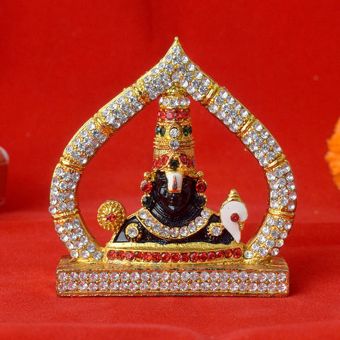 Beautifully decorated metal Tirupati Balaji face idol adorned with colorful stones and intricate detailing, perfect for home or car dashboard decor. India’s Largest Pooja Accessories Brand – www.satvikstore.in 