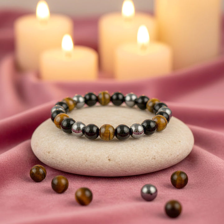 tripal protection healing stone bracelet with black tourmaline tiger eye hematite beads. India’s Largest Puja Accessories Brand- www.satvikstore.in