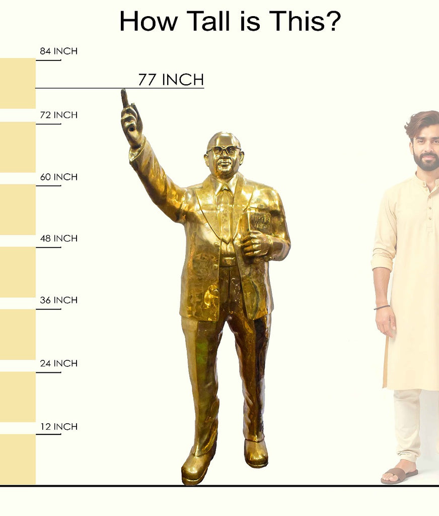 Handcrafted large brass statue of Dr. Bheemrao Ramji Ambedkar standing with a book and pointing upwards, wearing glasses and a suit, glossy finish, weight 160000 grams (160 kg), height approximately 77.56 inches (197 cm), length approximately 25.59 inches (65 cm). Best for VIP Gift, best for big premium gift, best for your office, best for educational institutions, symbol of social justice and equality. India's Large Puja Accessories Brand - Satvikstore.in