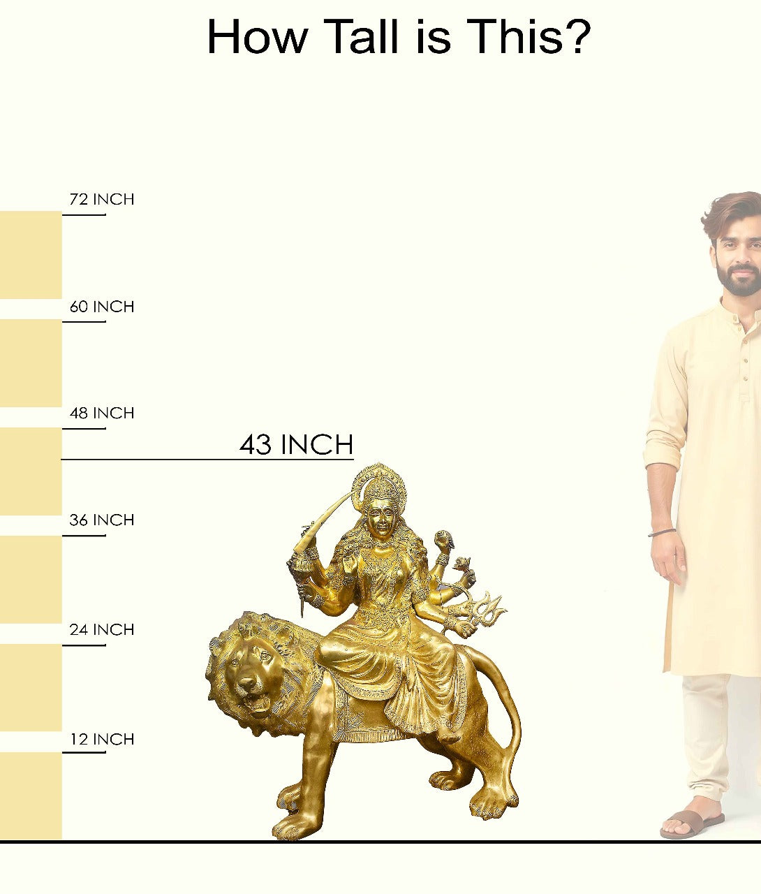 Handcrafted brass statue of Goddess Durga riding her majestic lion, holding multiple weapons including a sword and trident. Best for VIP Gift, best for big premium gift, best for your temple. India's Large Puja Accessories Brand - Satvikstore.in