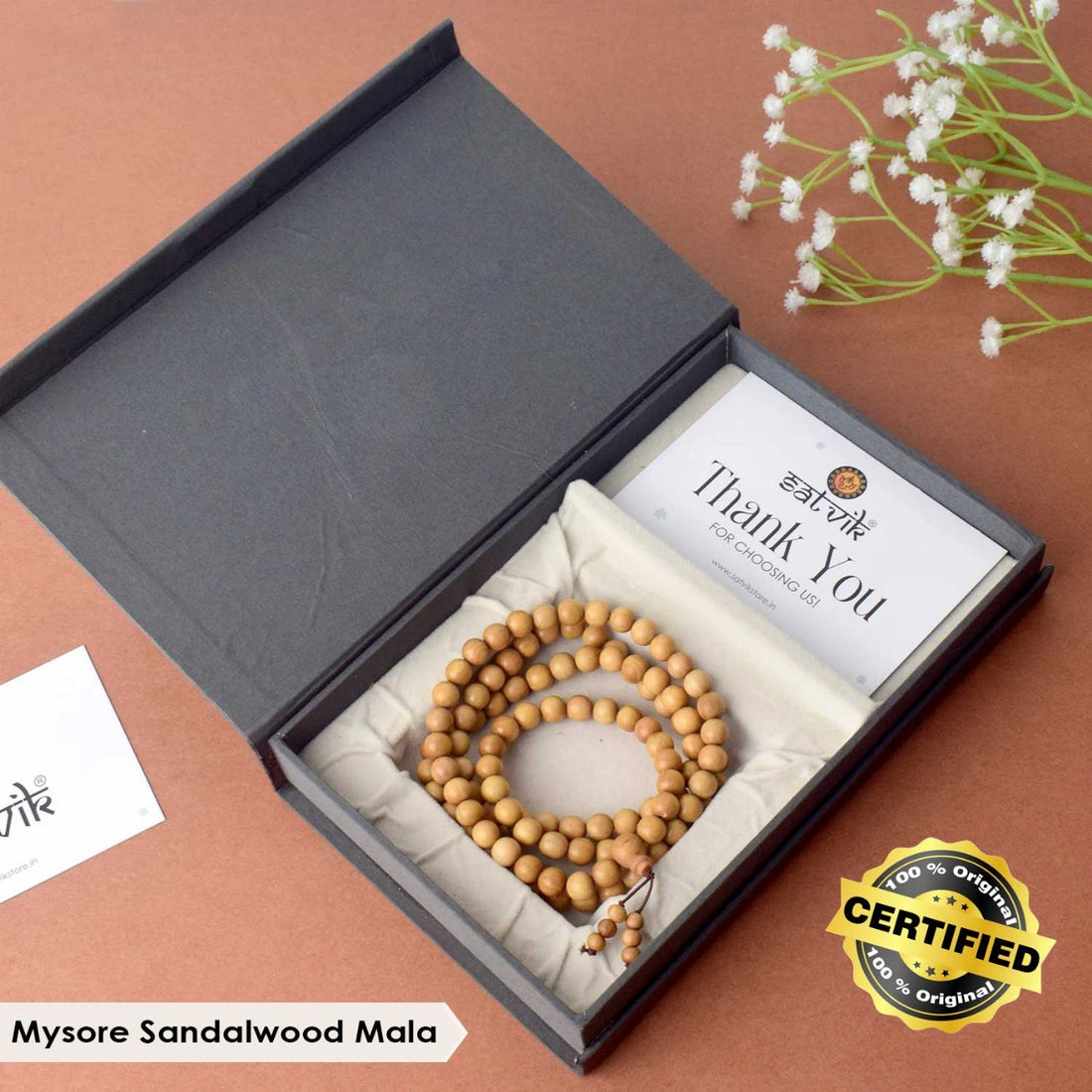 Certified 12mm 100% Original Authentic Mysore White Sandalwood (Chandan) Jap Mala