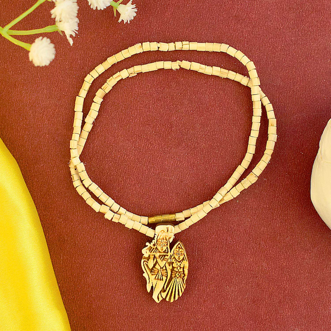 Wooden Radha Krishna Locket – handcrafted devotional pendant featuring Radha and Krishna made from wood, symbolizing divine love, peace, and spiritual connection. India’s Largest Brass Idols Brand - www.satvikstore.in
