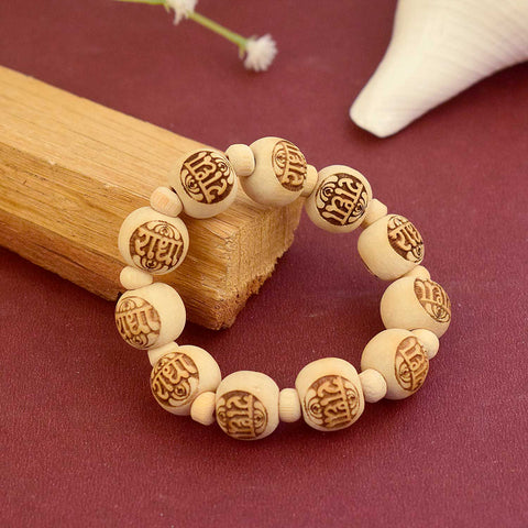 Wooden Radha Name Bracelet with natural beads and engraved Radha plate – perfect for spiritual devotion and daily bhakti wear. India’s Largest Brass Idols Brand - www.satvikstore.in
