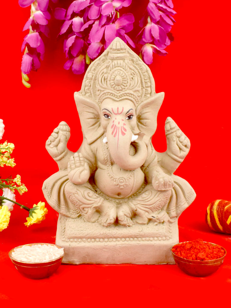 8 Inch plain eco-friendly Yadhvasin Ganesha idol in traditional Gajanan pose, handcrafted from natural shadu mati clay for Ganesh Chaturthi. India’s Largest Pooja Accessories Brand – www.satvikstore.in