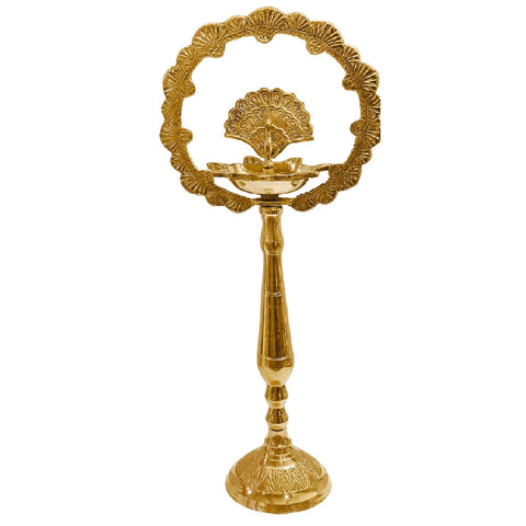 16 Inch Mor Kiran Style Brass Kerala Diya – Elegant handcrafted brass peacock diya in Kiran style, perfect for pooja and festive settings. India’s Largest Pooja Accessories Brand – www.satvikstore.in