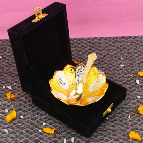 Decorative embossed flower bowl with silver and golden finish, featuring intricate floral patterns—ideal for pooja décor, festive gifting, or centerpiece display. India’s Largest Pooja Accessories Brand – www.satvikstore.in 