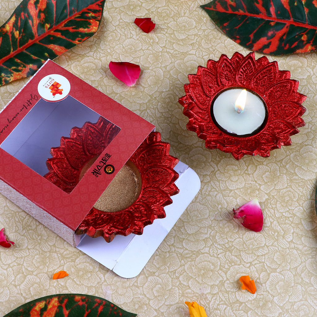 Designer Multicolor Floral Chakra Metal Diya – A beautifully designed metal diya with a floral chakra pattern, featuring vibrant multicolor accents. India’s Largest Pooja Accessories Brand – www.satvikstore.in