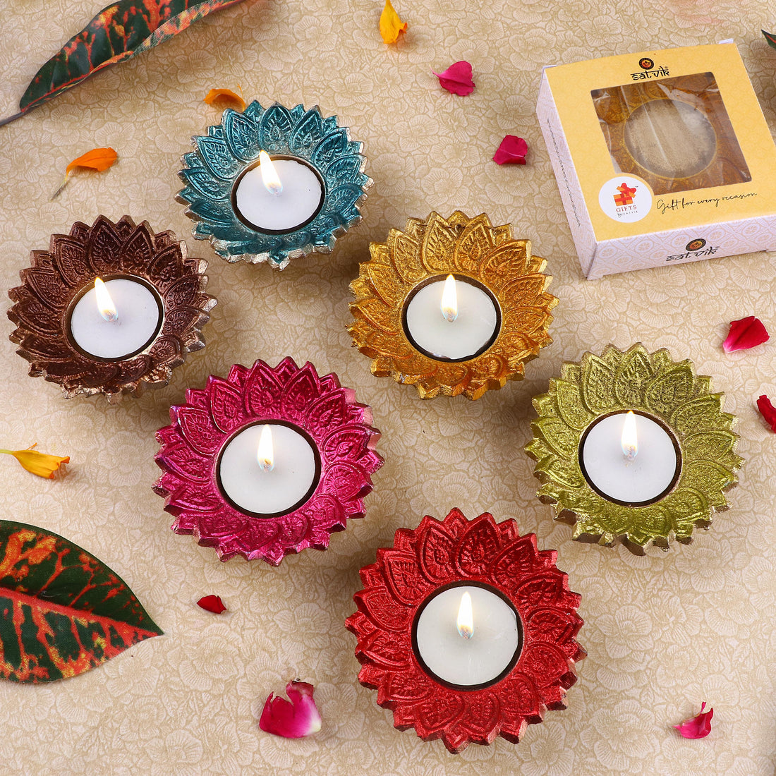 Designer Multicolor Floral Chakra Metal Diya