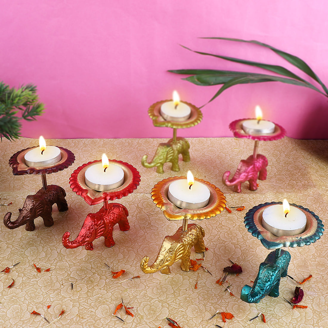 Spectacular Assorted Metal Elephant with Diya Showpiece Set of 4