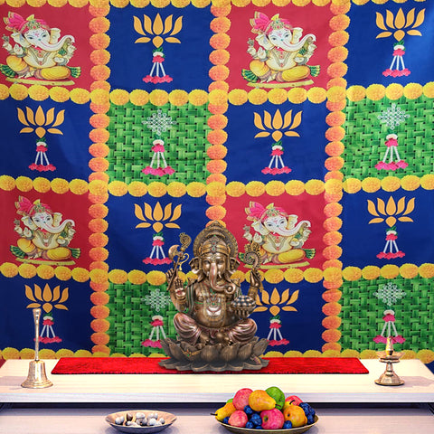 Vibrant multicolor backdrop cloth featuring Lord Ganesha surrounded by artistic floral prints, ideal for pooja, festivals, and temple decoration. India’s Largest Pooja Accessories Brand – www.satvikstore.in